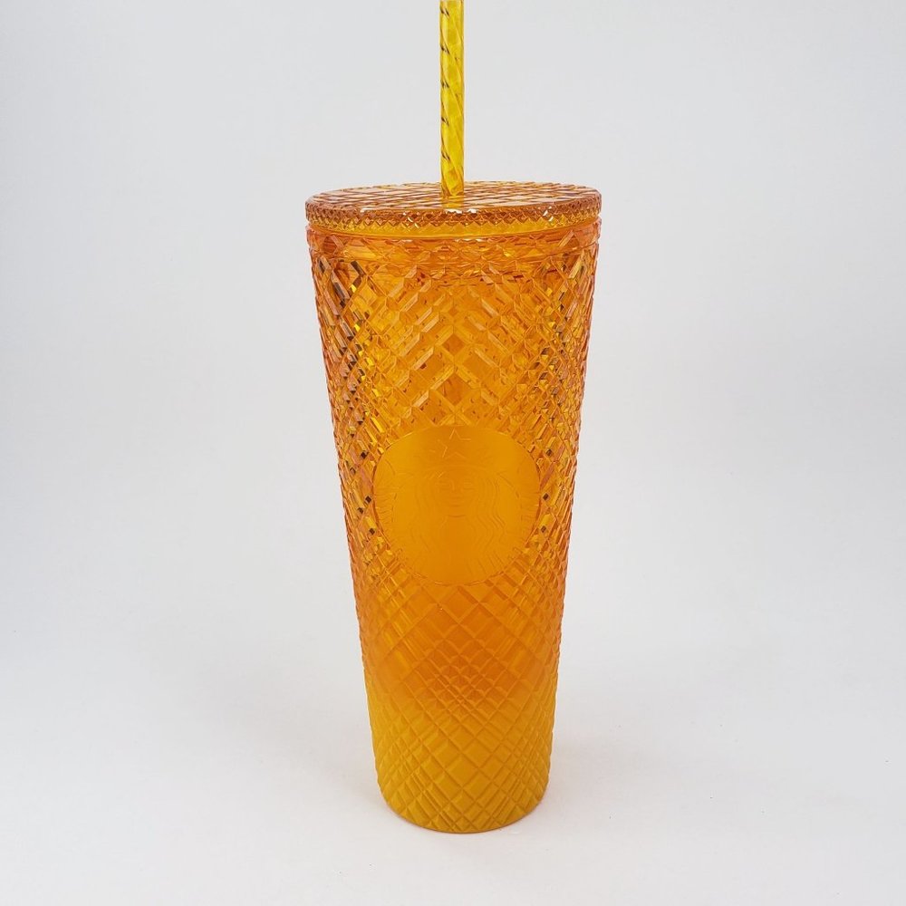 New Starbucks 2022 Orange Mango Jewel Grid Gradient 24oz Venti Cold Cup Tumbler